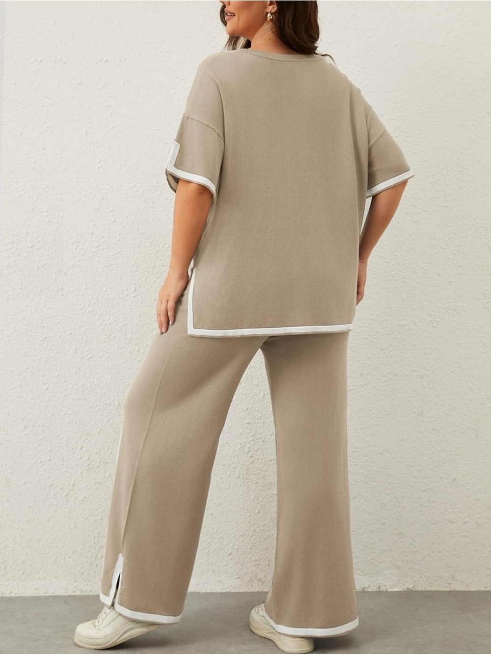 Relaxed Wide Leg Lounge Jumpsuit Set in Beige with White Trim - Picture 3 of 5